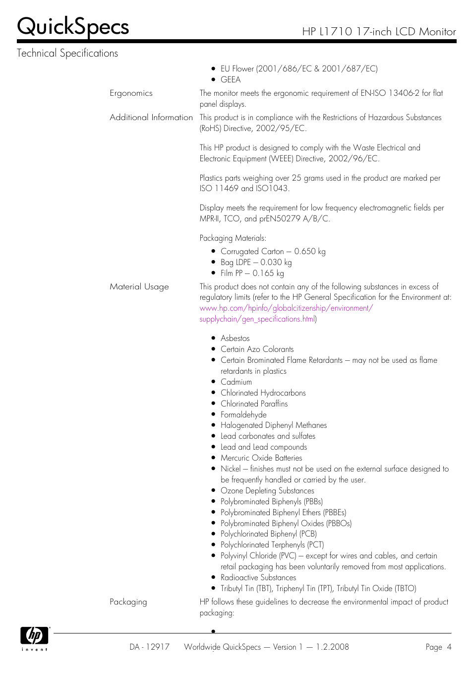 Quickspecs | HP GS917AA User Manual | Page 4 / 6