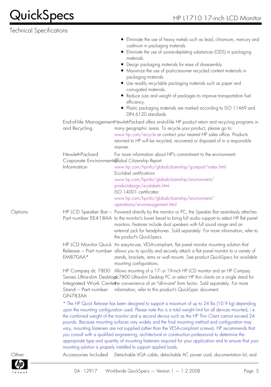 Quickspecs | HP GS917AA User Manual | Page 5 / 6