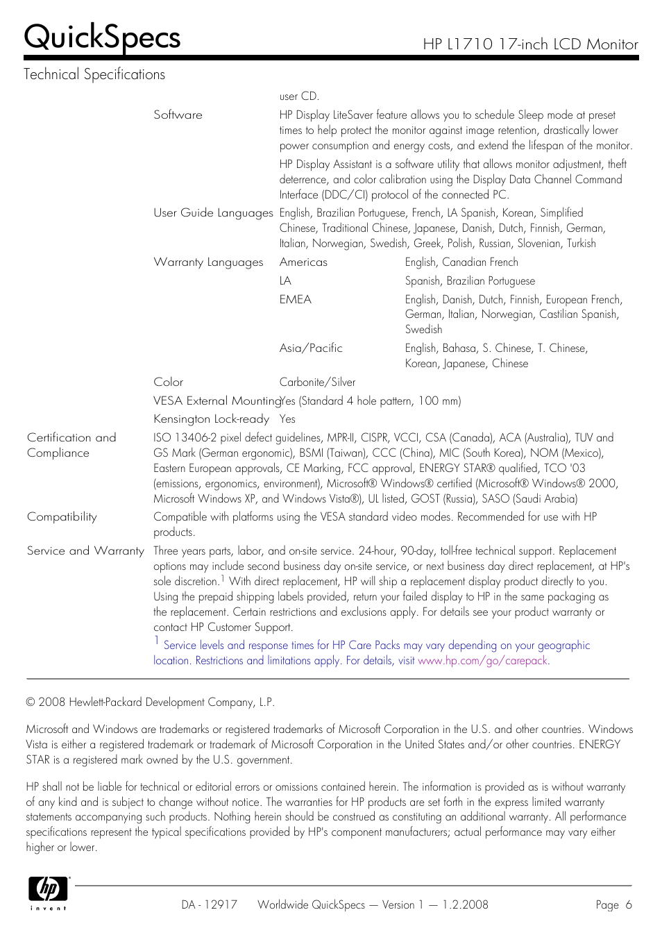 Quickspecs | HP GS917AA User Manual | Page 6 / 6