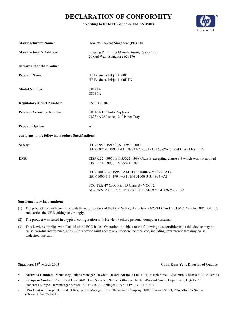 Declaration of conformity | HP 1100dtn User Manual | Page 91 / 102