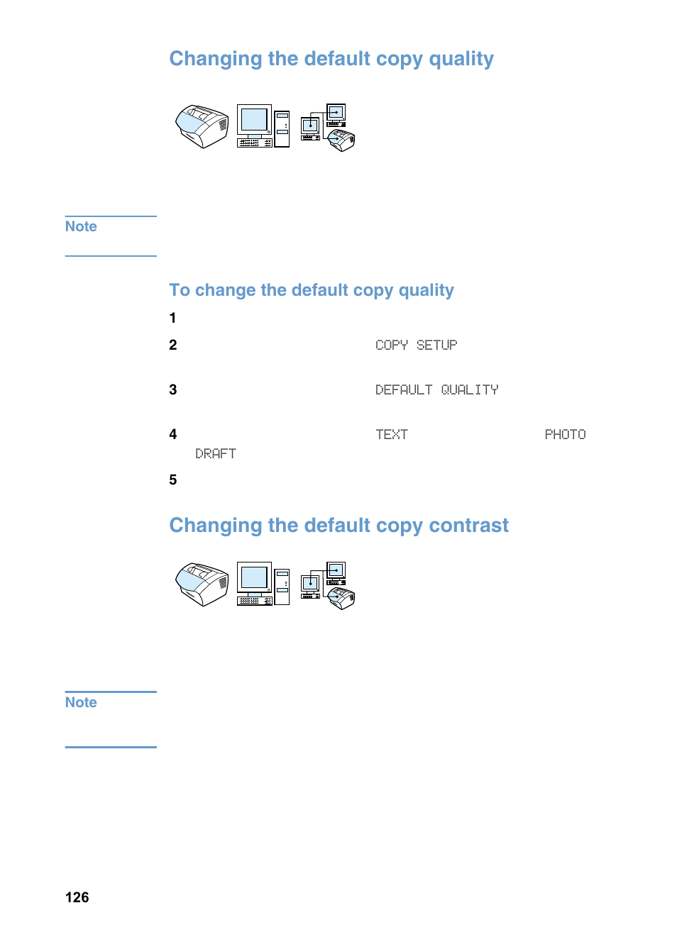 Changing the default copy quality, Changing the default copy contrast | HP 3200m User Manual | Page 128 / 288