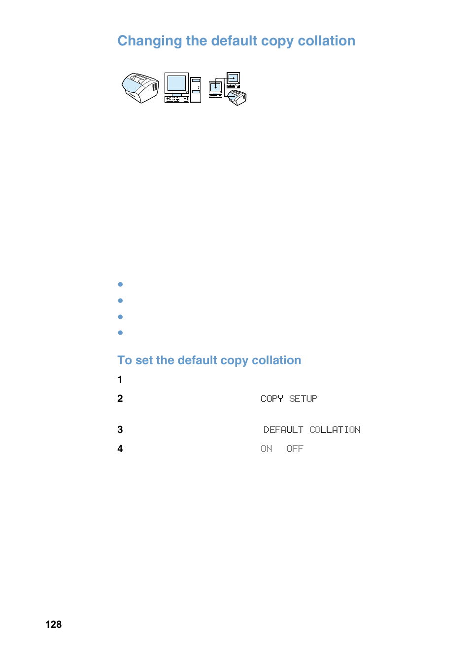 Changing the default copy collation | HP 3200m User Manual | Page 130 / 288