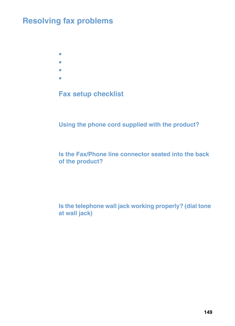 Resolving fax problems, Fax setup checklist, Using the phone cord supplied with the product | HP 3200m User Manual | Page 151 / 288