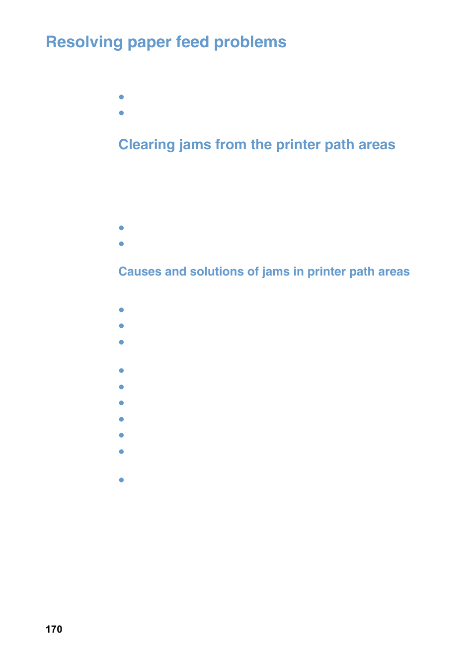 Resolving paper feed problems, Clearing jams from the printer path areas, Causes and solutions of jams in printer path areas | HP 3200m User Manual | Page 172 / 288