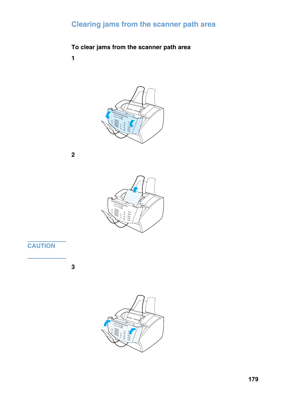 Clearing jams from the scanner path area | HP 3200m User Manual | Page 181 / 288