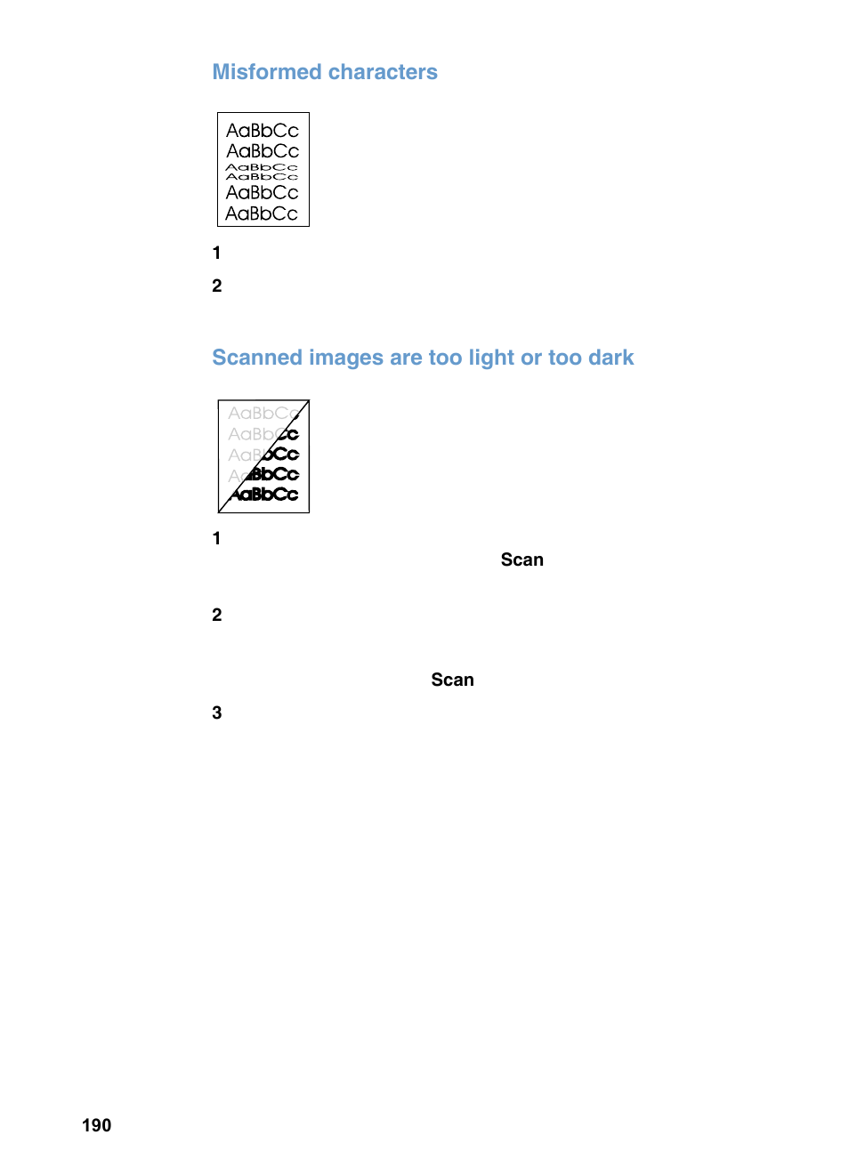 Misformed characters, Scanned images are too light or too dark | HP 3200m User Manual | Page 192 / 288