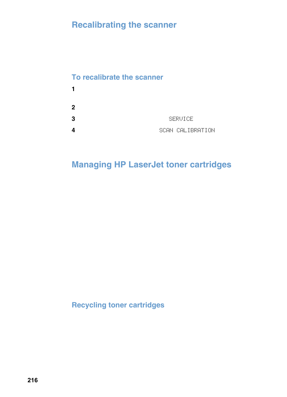 Recalibrating the scanner, Managing hplaserjet toner cartridges, Managing hp laserjet toner cartridges | Recycling toner cartridges | HP 3200m User Manual | Page 218 / 288