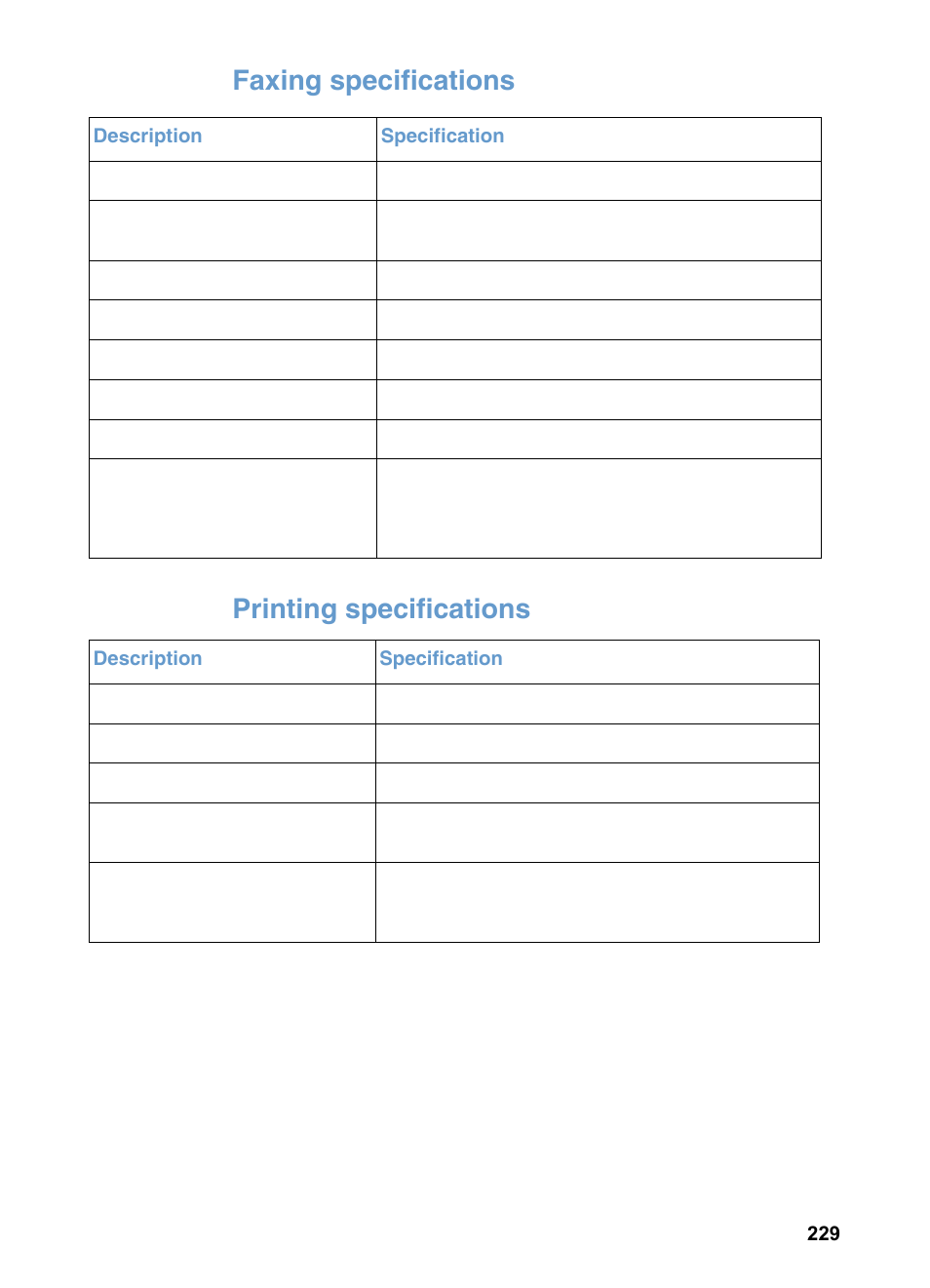 Faxing specifications, Printing specifications, Faxing specifications printing specifications | HP 3200m User Manual | Page 231 / 288