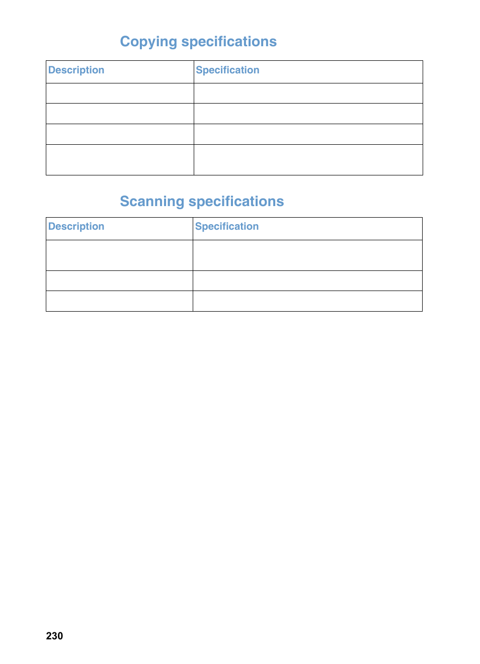 Copying specifications, Scanning specifications, Copying specifications scanning specifications | HP 3200m User Manual | Page 232 / 288