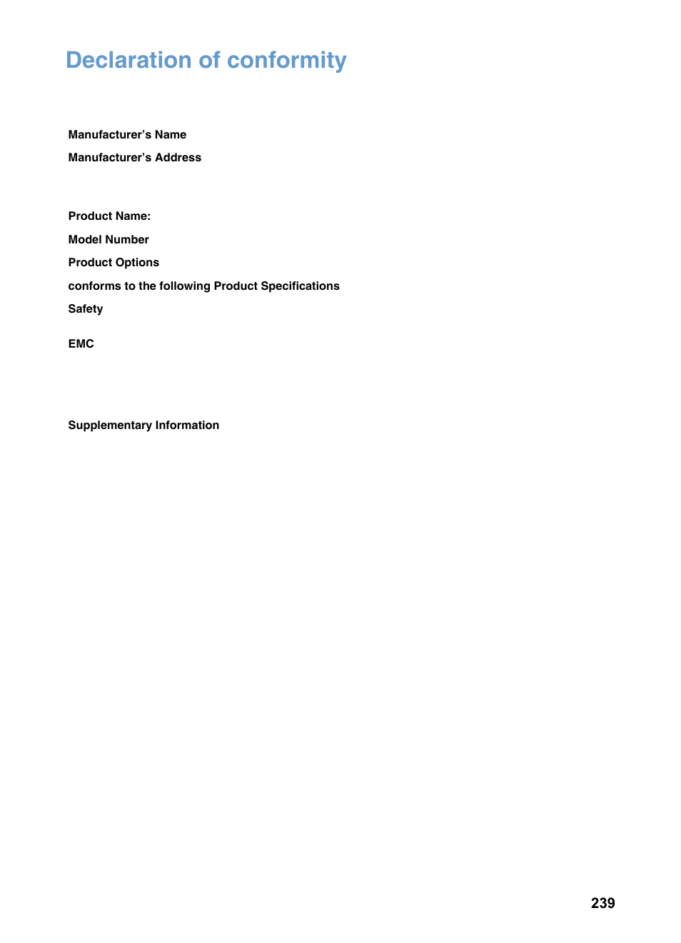 Declaration of conformity, Declaration of conformity 239 | HP 3200m User Manual | Page 241 / 288