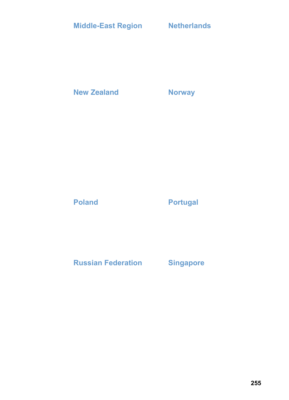 Middle-east region netherlands, New zealand norway, Poland portugal | Russian federation singapore | HP 3200m User Manual | Page 257 / 288