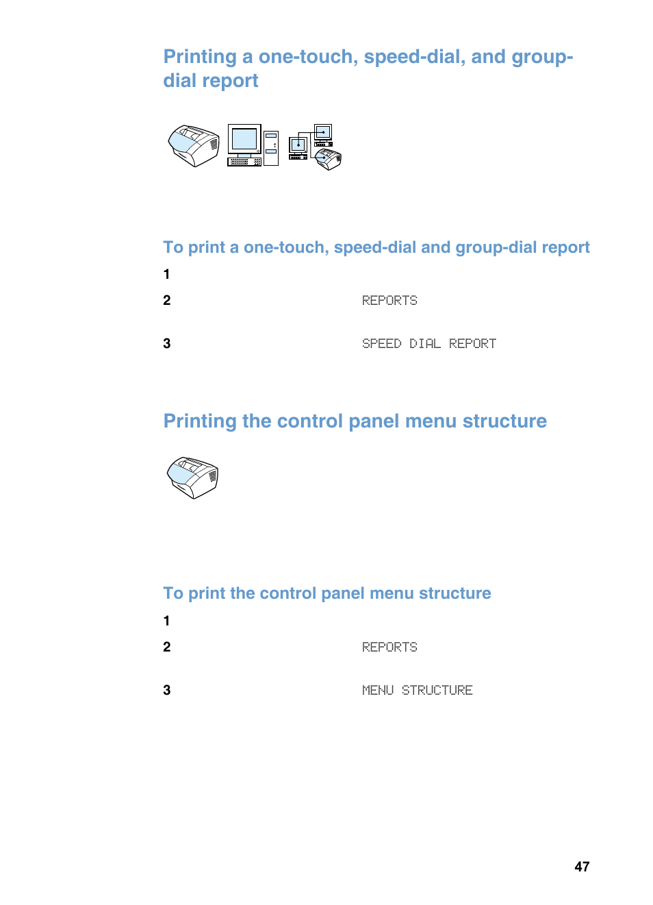 Printing the control panel menu structure | HP 3200m User Manual | Page 49 / 288