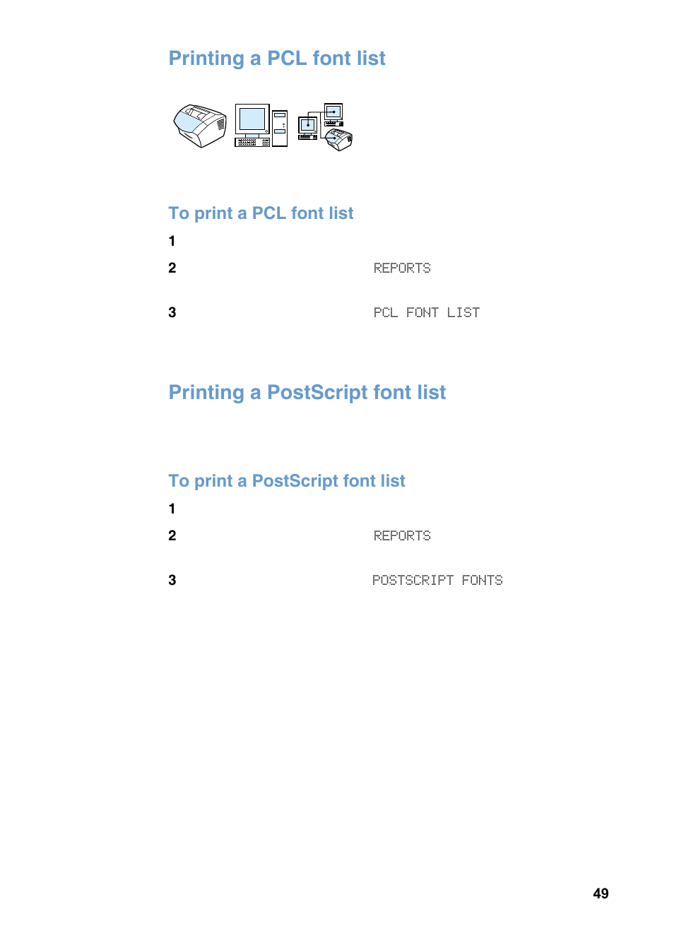 Printing a pcl font list, Printing a postscript font list | HP 3200m User Manual | Page 51 / 288