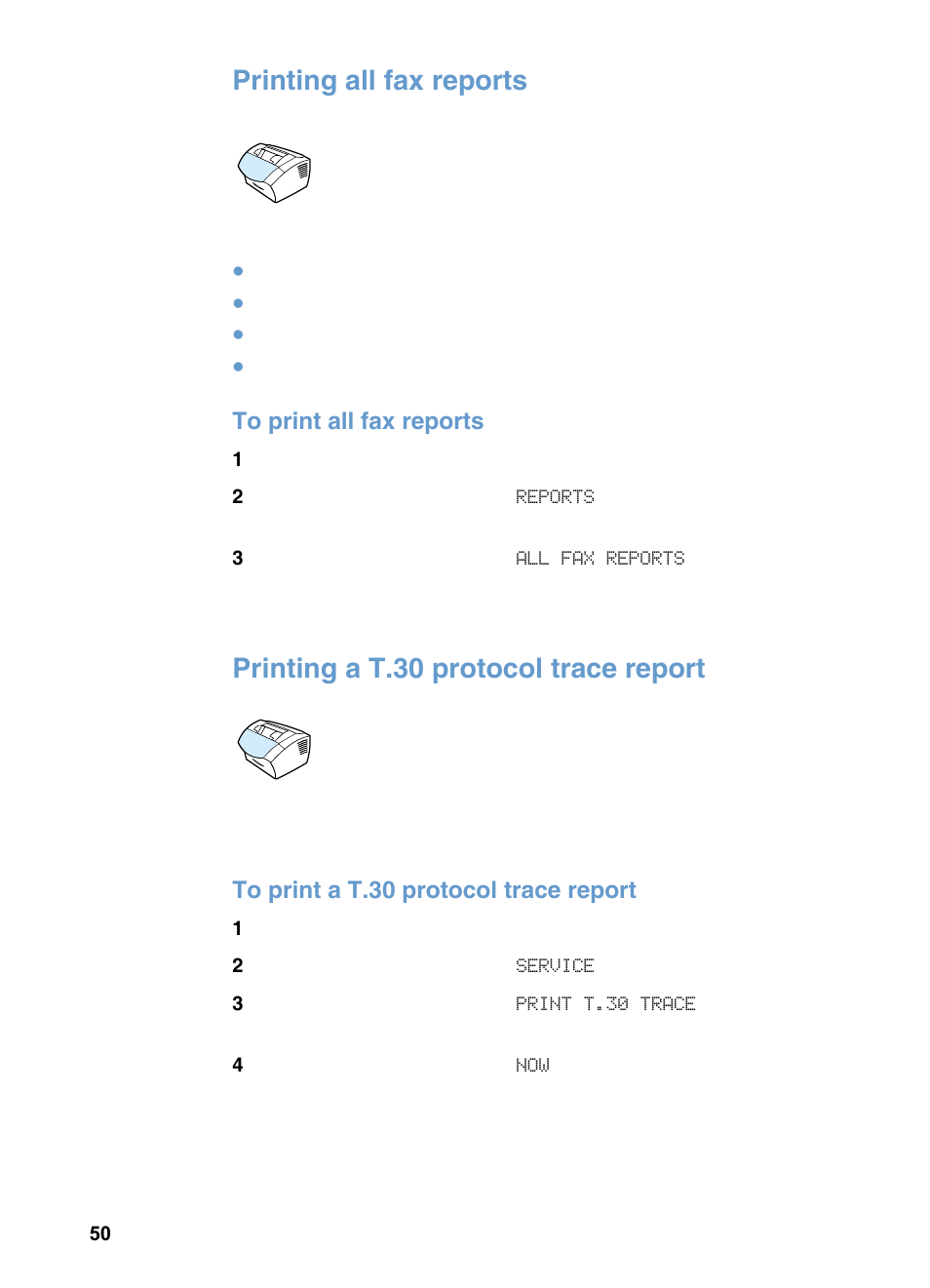 Printing all fax reports, Printing a t.30 protocol trace report | HP 3200m User Manual | Page 52 / 288