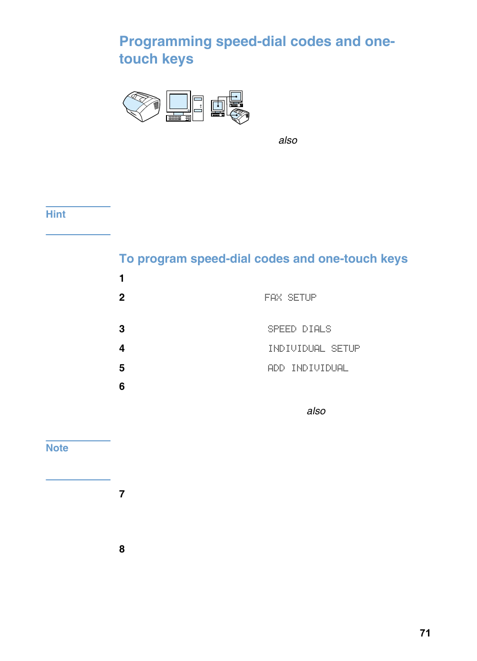 Programming speed-dial codes and one- touch keys, Programming speed-dial codes and one-touch keys, To program speed-dial codes and one-touch keys | HP 3200m User Manual | Page 73 / 288