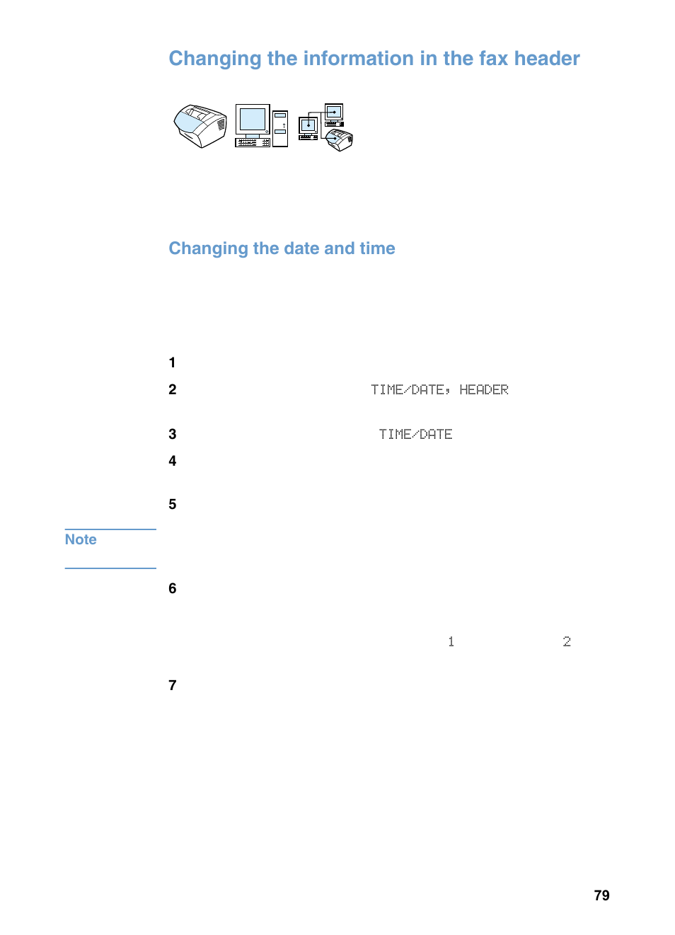 Changing the information in the fax header, Changing the date and time | HP 3200m User Manual | Page 81 / 288