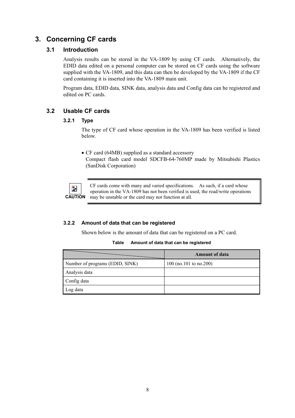 Concerning, Cards, Introduction | Usable cf cards, Type, Amount of data that can be registered, Concerning cf cards | HP VA-1809 User Manual | Page 11 / 36