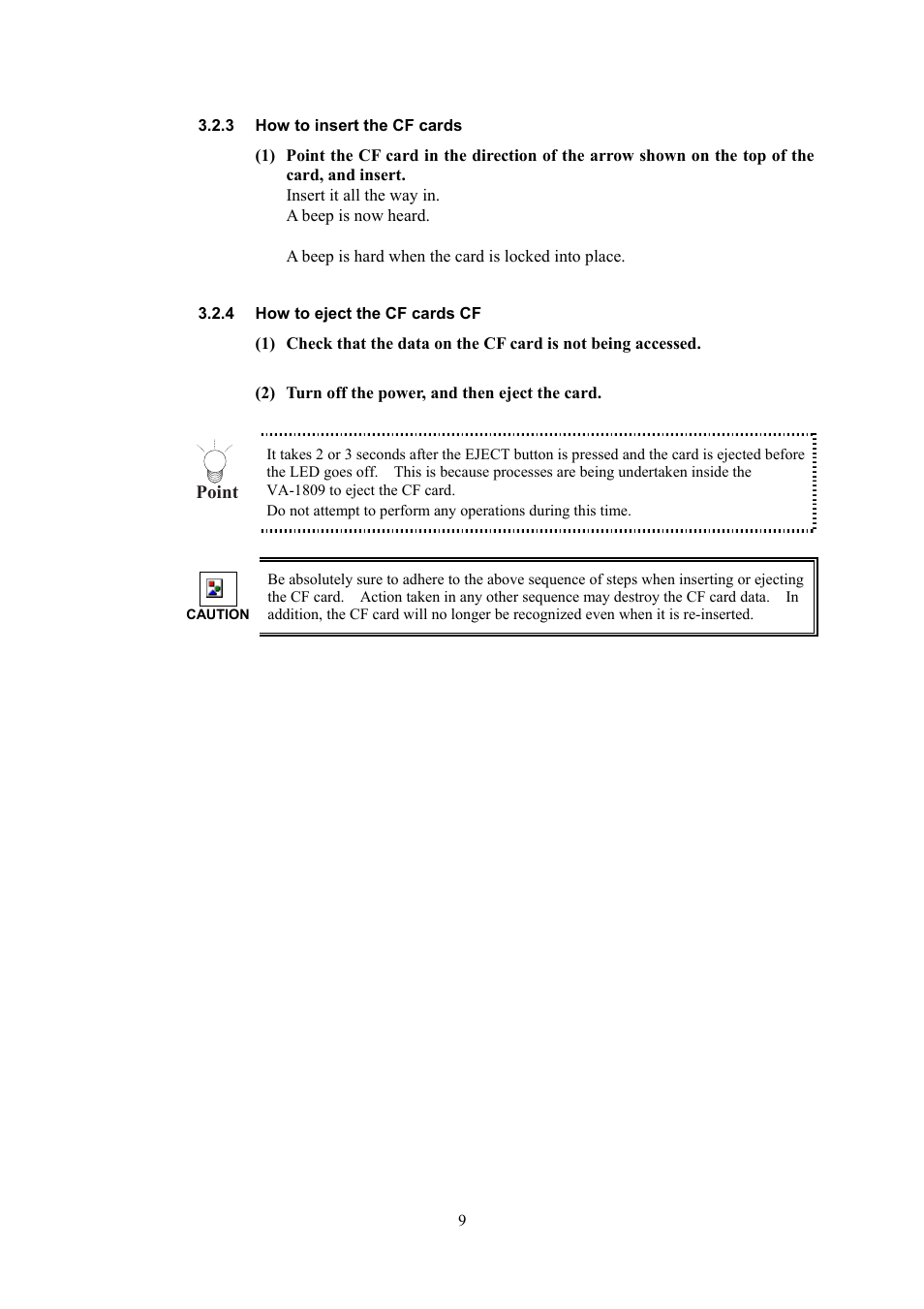 How to insert the cf cards, How to eject the cf cards cf, Point | HP VA-1809 User Manual | Page 12 / 36