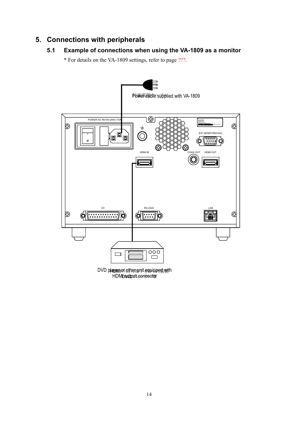 Connections with peripherals, For details on the va-1809 settings, refer to page | HP VA-1809 User Manual | Page 17 / 36