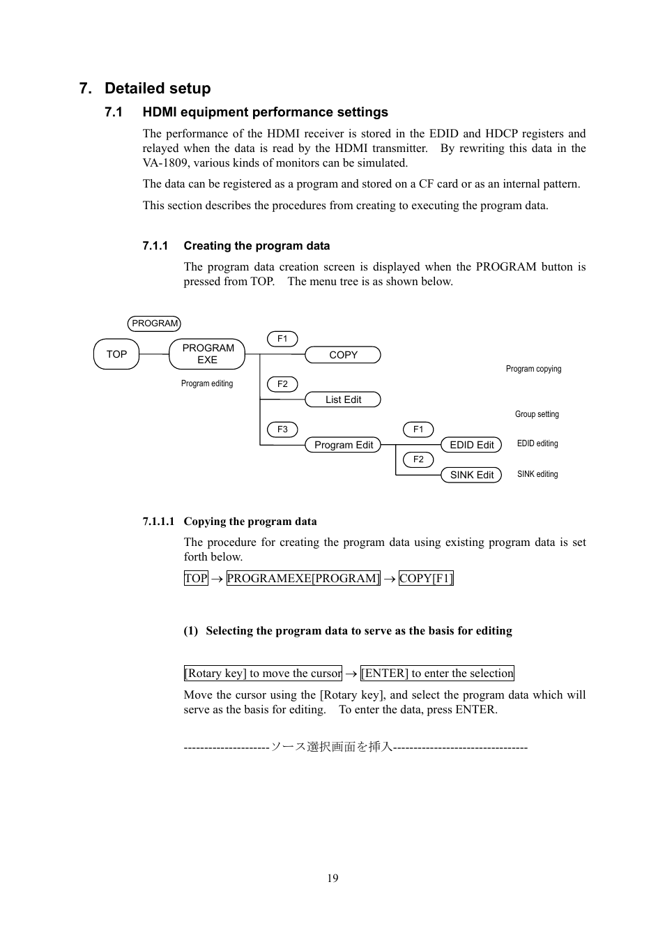 Detailed setup, Hdmi equipment performance settings, 1 creating the program data | 1 copying the program data, 1 hdmi equipment performance settings | HP VA-1809 User Manual | Page 22 / 36