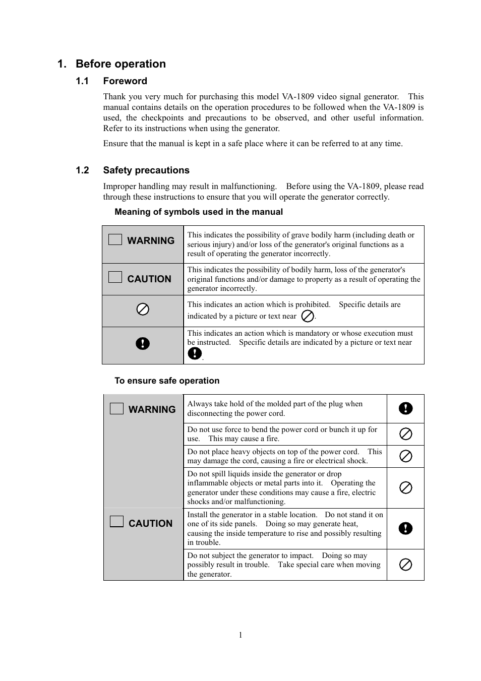 Before operation, Foreword, Safety precautions | 1 foreword, 2 safety precautions, Warning, Caution | HP VA-1809 User Manual | Page 4 / 36