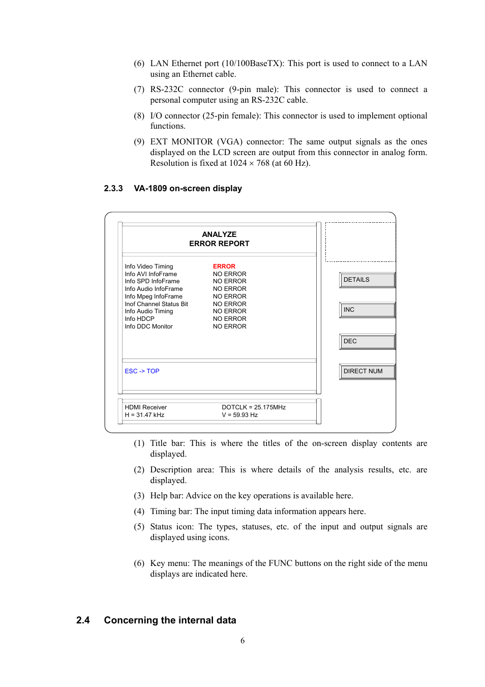 Va-1809 on-screen display, Concerning the internal data | HP VA-1809 User Manual | Page 9 / 36