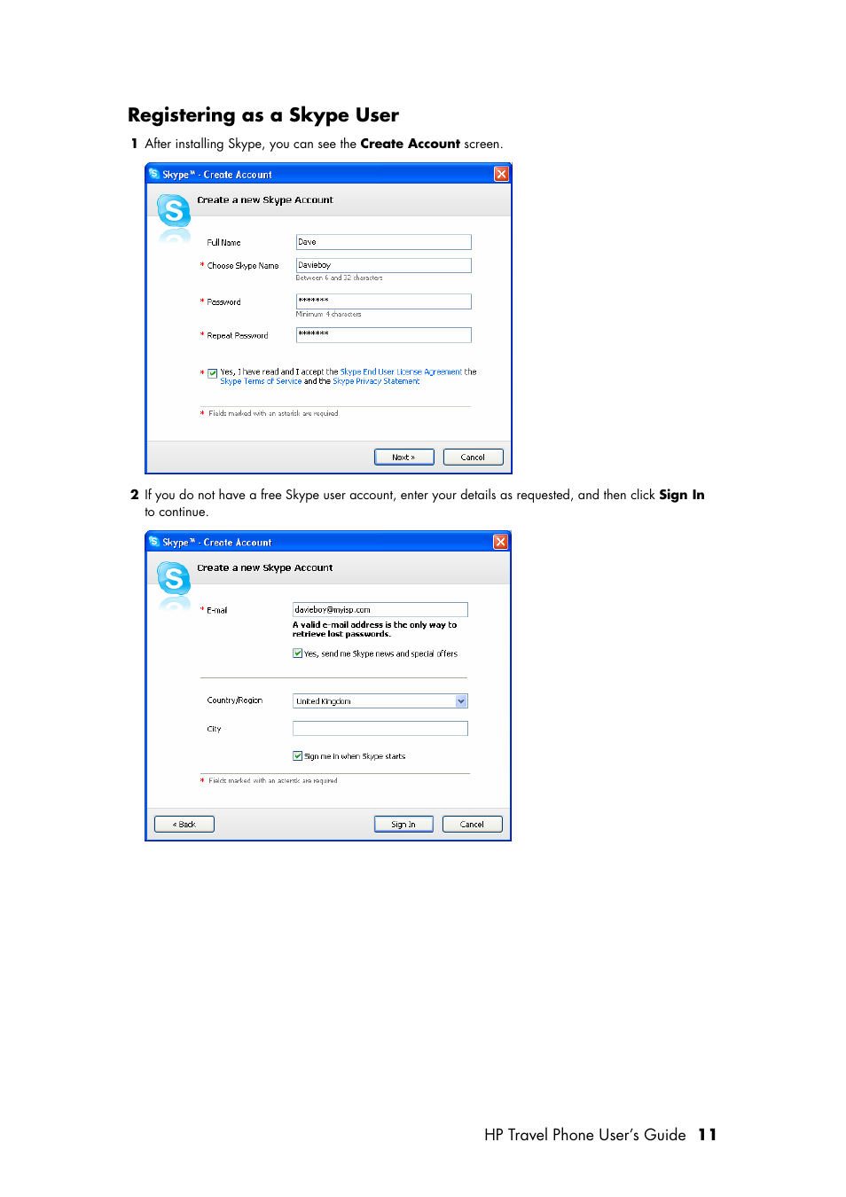 Registering as a skype user | HP Travel Phone User Manual | Page 15 / 24