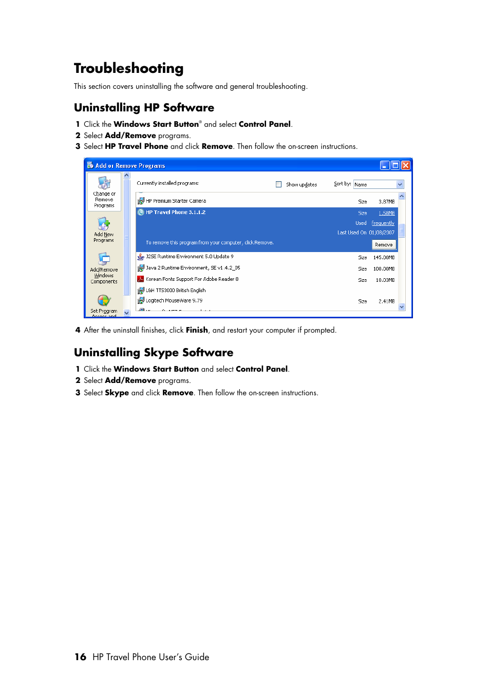 Troubleshooting, Uninstalling hp software, Uninstalling skype software | HP Travel Phone User Manual | Page 20 / 24