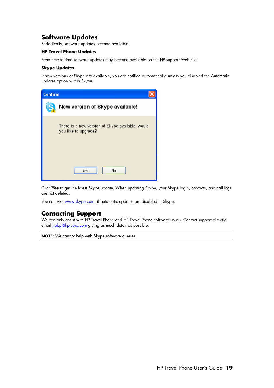 Software updates, Contacting support | HP Travel Phone User Manual | Page 23 / 24