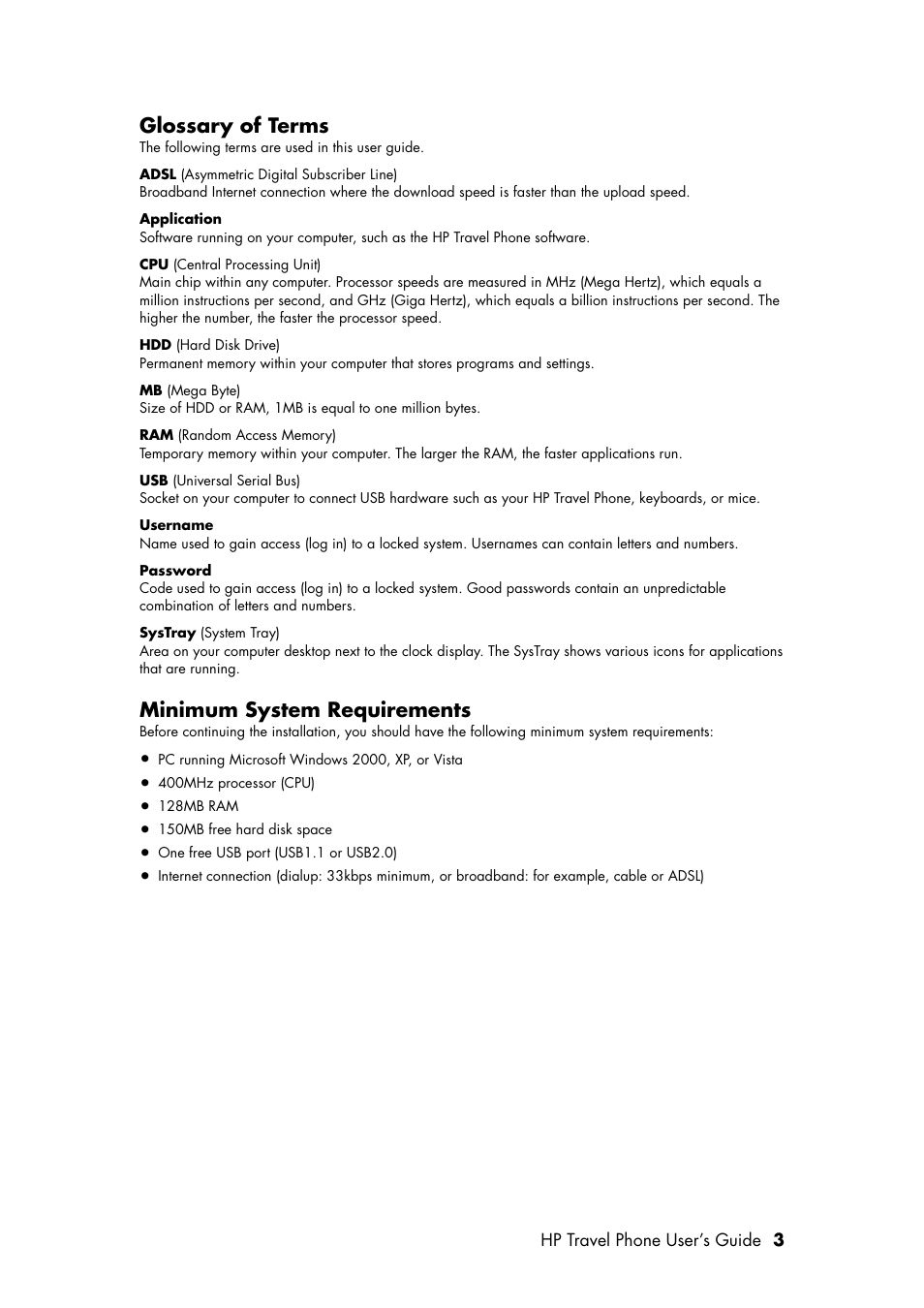 Glossary of terms, Minimum system requirements | HP Travel Phone User Manual | Page 7 / 24