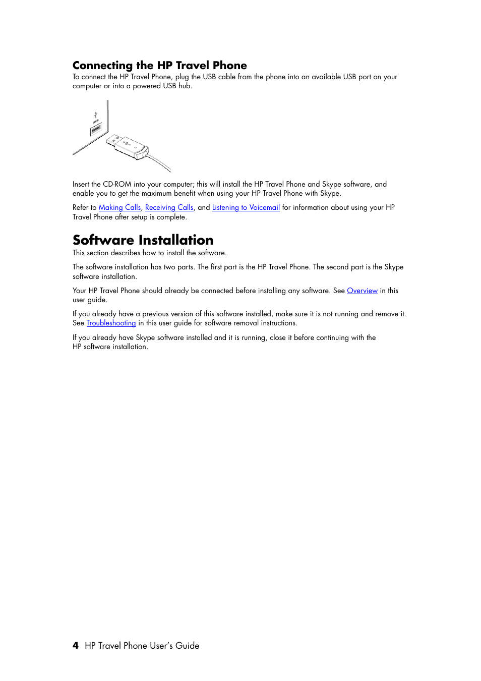 Connecting the hp travel phone, Software installation | HP Travel Phone User Manual | Page 8 / 24