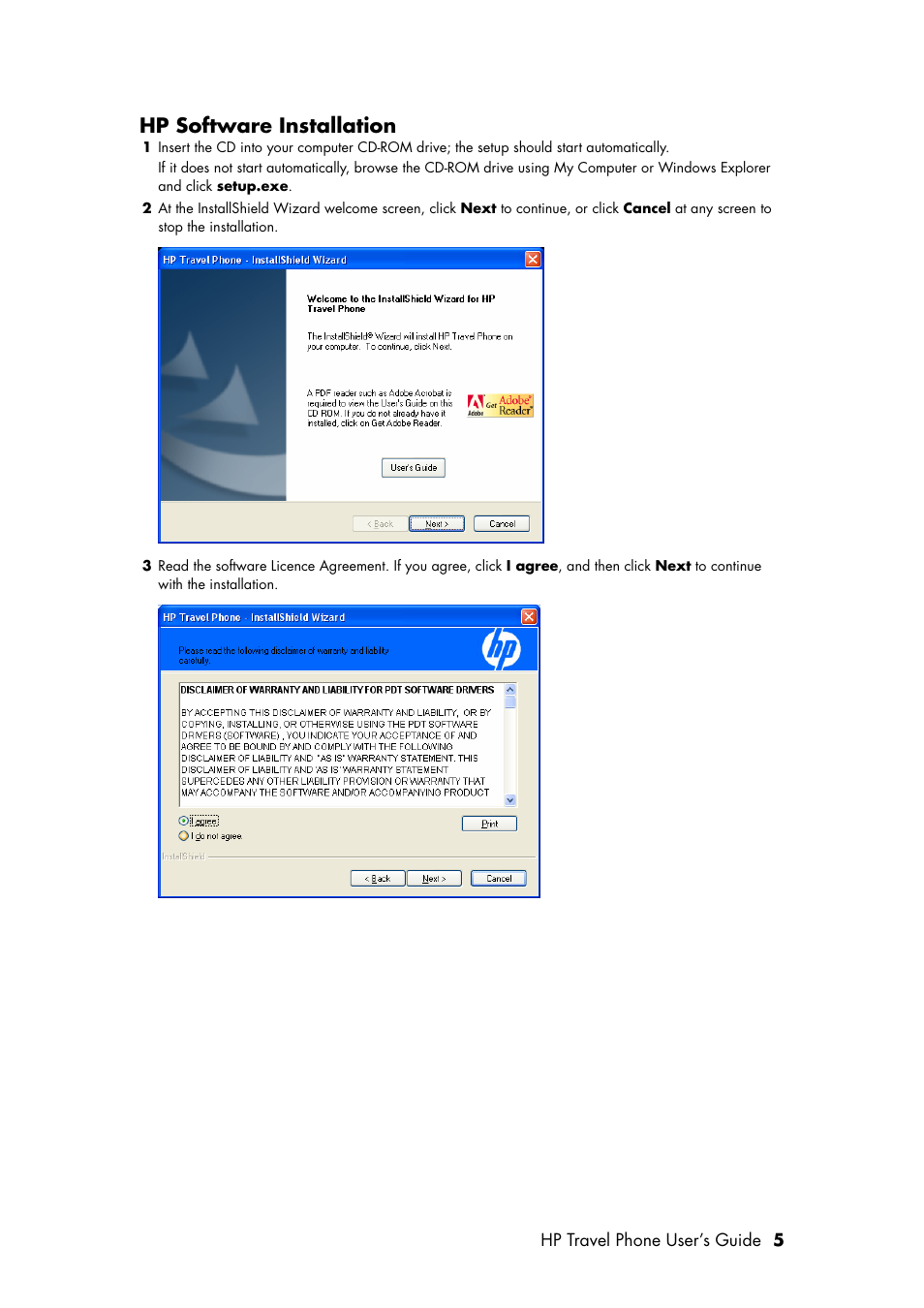 Hp software installation | HP Travel Phone User Manual | Page 9 / 24
