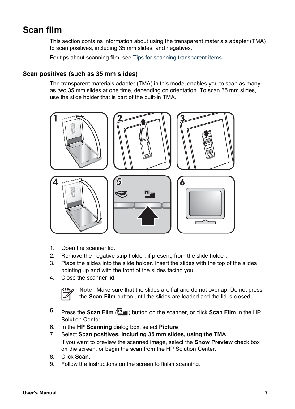Scan film, Scan positives (such as 35 mm slides), Slides or negatives, see | HP 4370 User Manual | Page 10 / 21