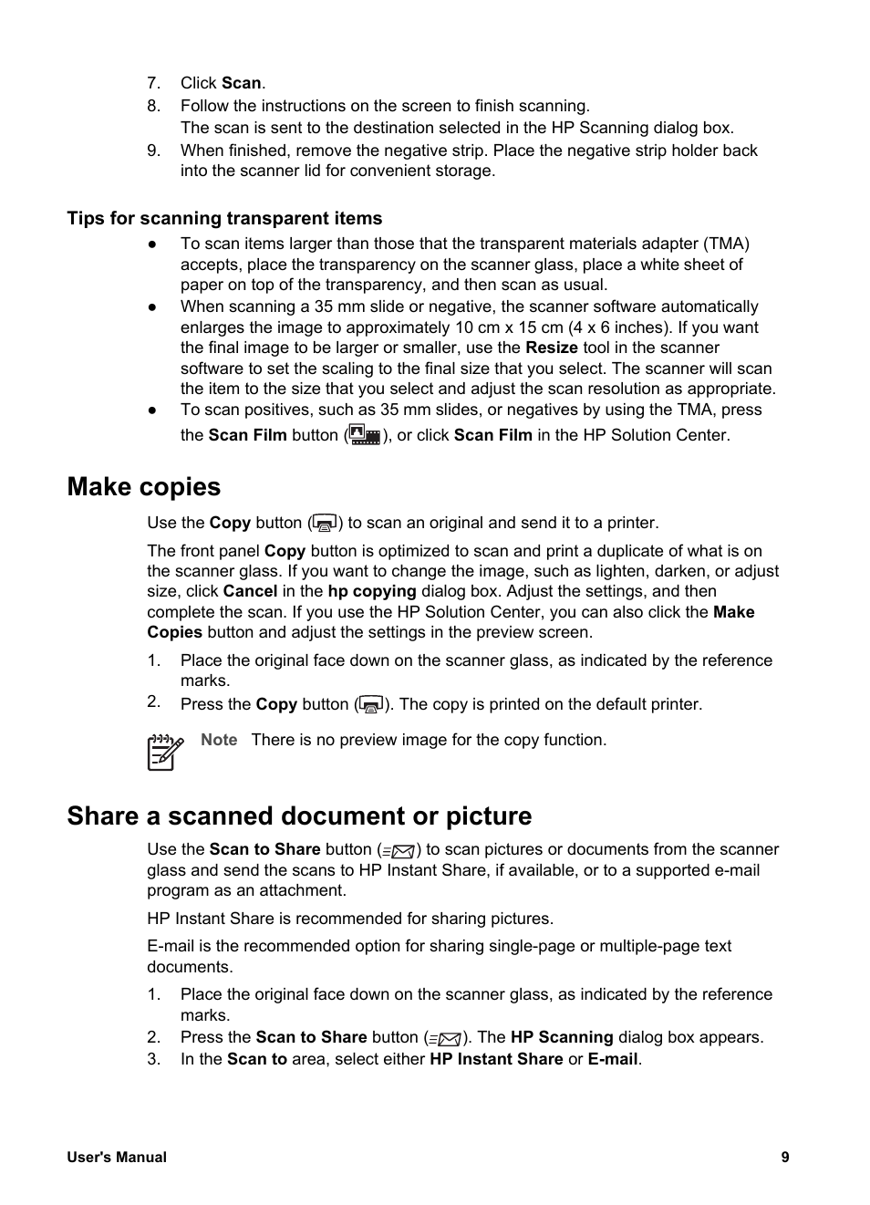 Tips for scanning transparent items, Make copies, Share a scanned document or picture | Make copies share a scanned document or picture | HP 4370 User Manual | Page 12 / 21