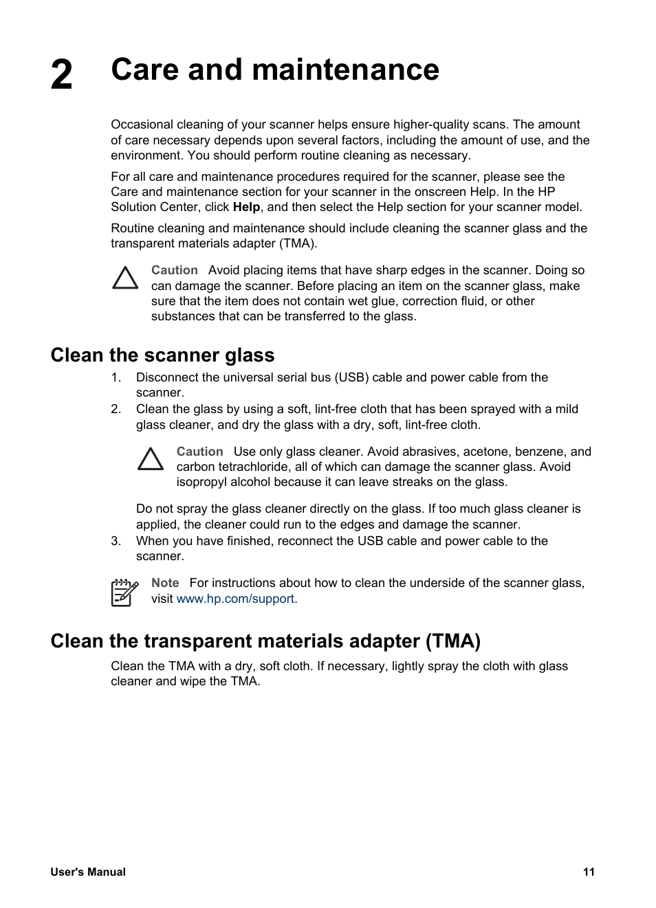 Care and maintenance, Clean the scanner glass, Clean the transparent materials adapter (tma) | HP 4370 User Manual | Page 14 / 21