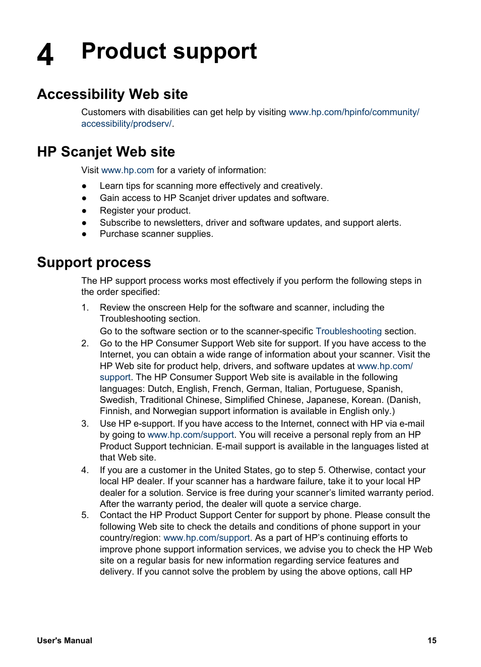 Product support, Accessibility web site, Hp scanjet web site | Support process | HP 4370 User Manual | Page 18 / 21