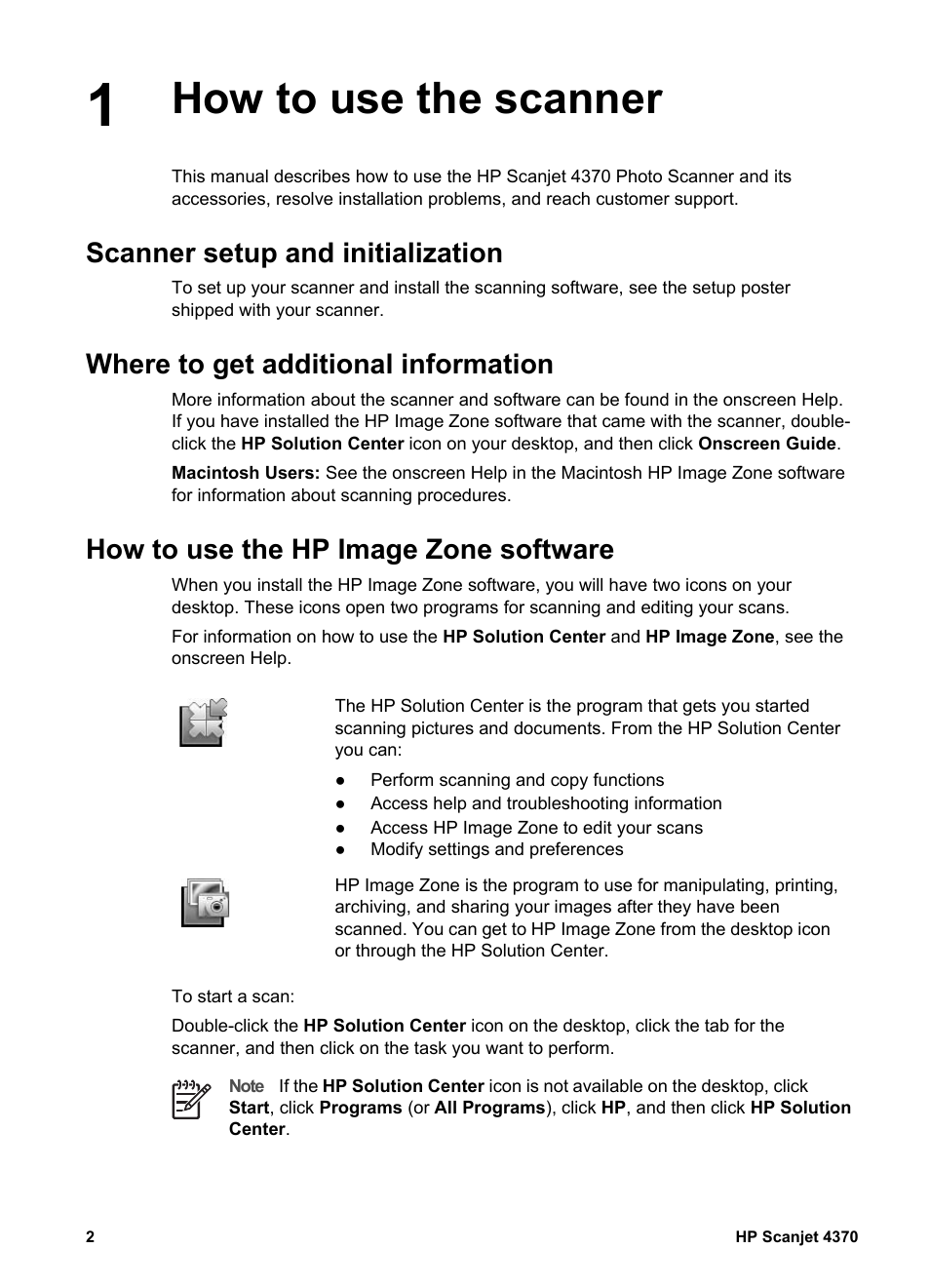 How to use the scanner, Scanner setup and initialization, Where to get additional information | How to use the hp image zone software | HP 4370 User Manual | Page 5 / 21