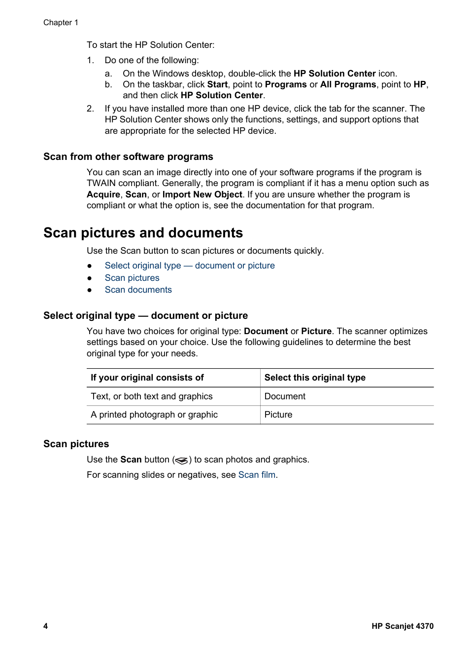 Scan from other software programs, Scan pictures and documents, Select original type — document or picture | Scan pictures | HP 4370 User Manual | Page 7 / 21