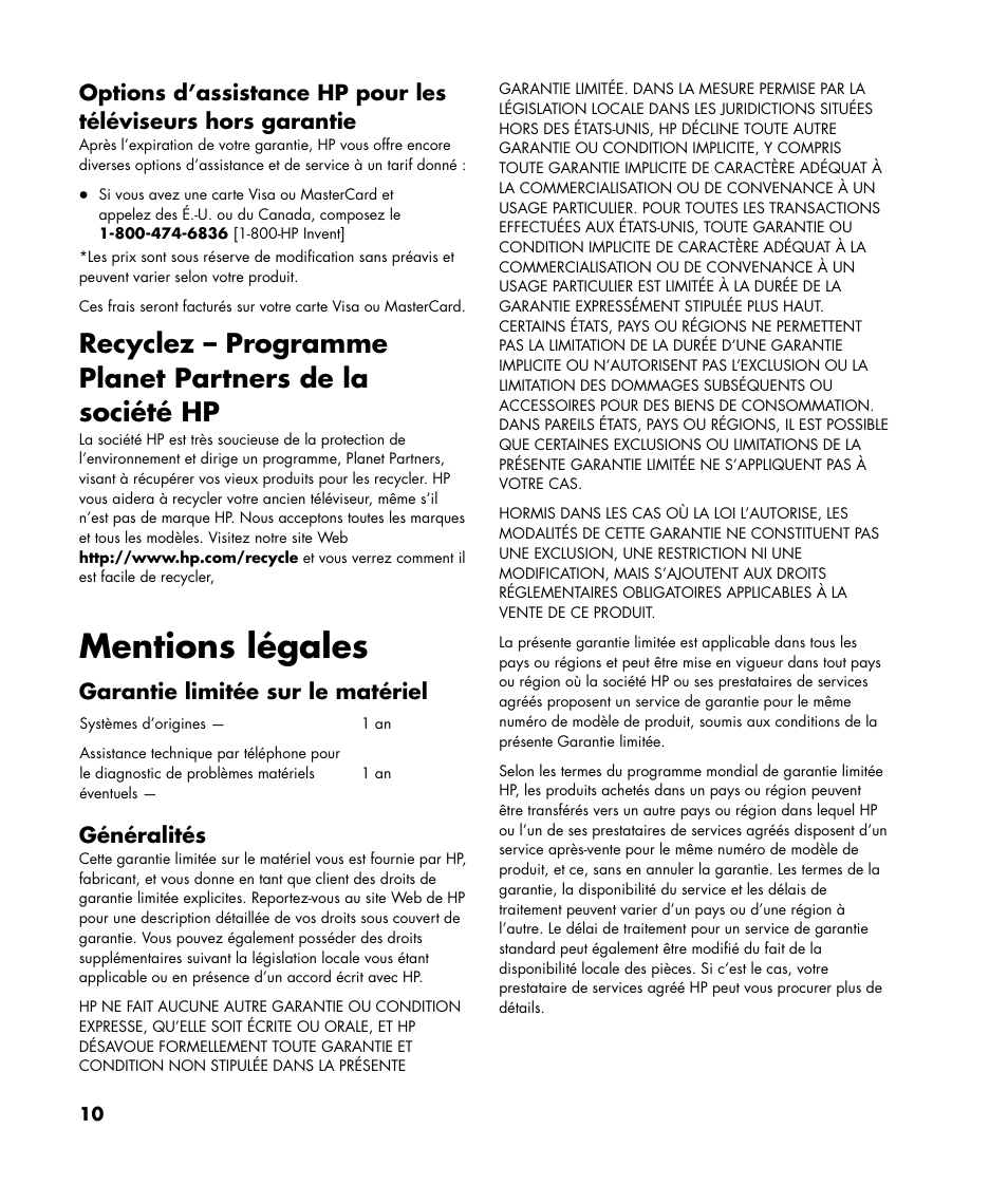 Mentions légales, Garantie limitée sur le matériel, Généralités | HP Pavilion Plasma High-definition Television PL4200N User Manual | Page 10 / 22