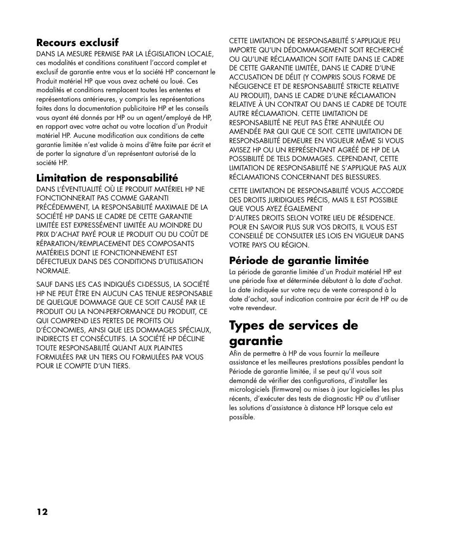 Types de services de garantie, Recours exclusif, Limitation de responsabilité | Période de garantie limitée | HP Pavilion Plasma High-definition Television PL4200N User Manual | Page 12 / 22