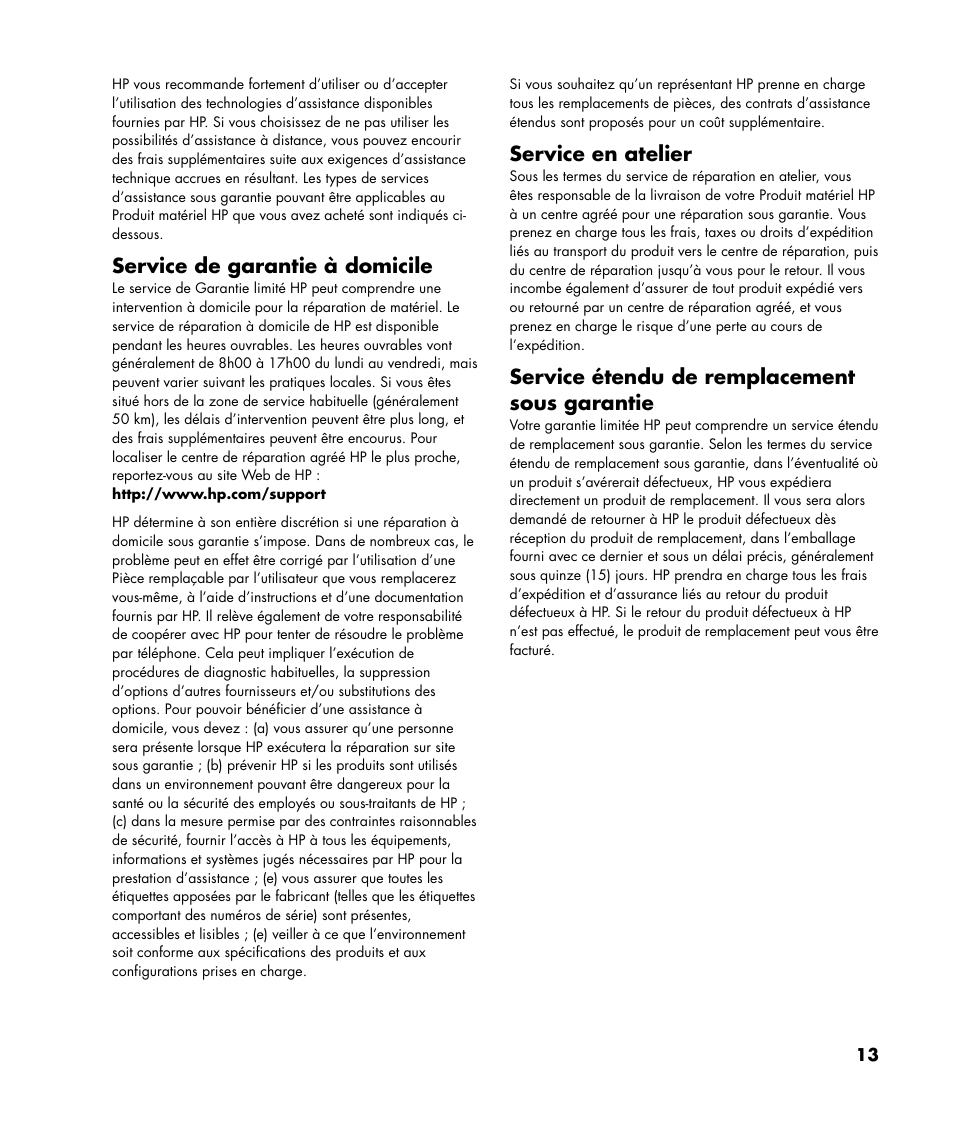 Service de garantie à domicile, Service en atelier, Service étendu de remplacement sous garantie | HP Pavilion Plasma High-definition Television PL4200N User Manual | Page 13 / 22