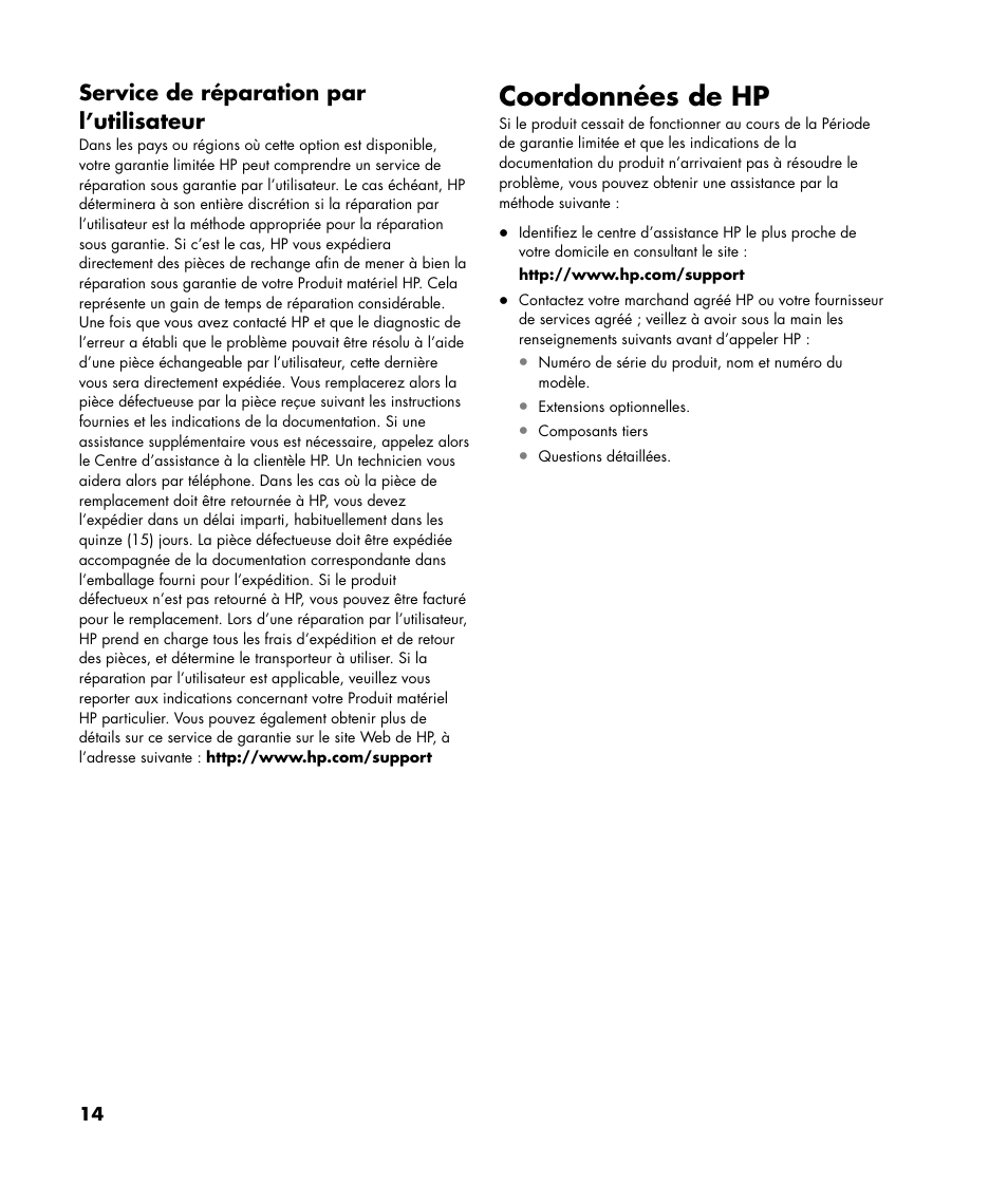 Coordonnées de hp, Service de réparation par l’utilisateur | HP Pavilion Plasma High-definition Television PL4200N User Manual | Page 14 / 22