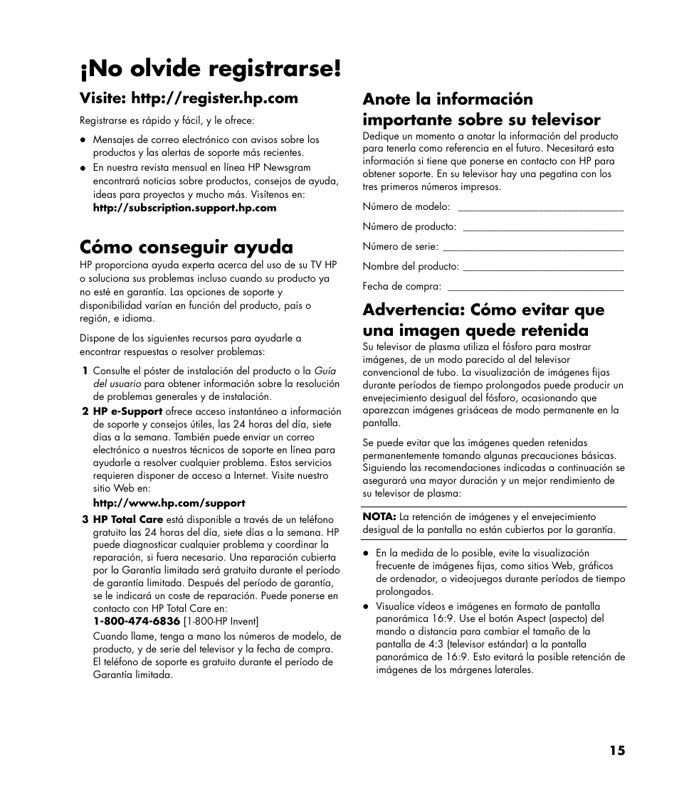 No olvide registrarse, Cómo conseguir ayuda | HP Pavilion Plasma High-definition Television PL4200N User Manual | Page 15 / 22