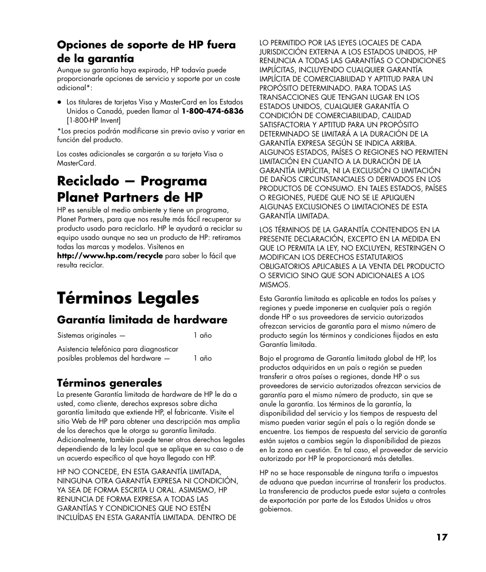 Términos legales, Reciclado — programa planet partners de hp, Opciones de soporte de hp fuera de la garantía | Garantía limitada de hardware, Términos generales | HP Pavilion Plasma High-definition Television PL4200N User Manual | Page 17 / 22