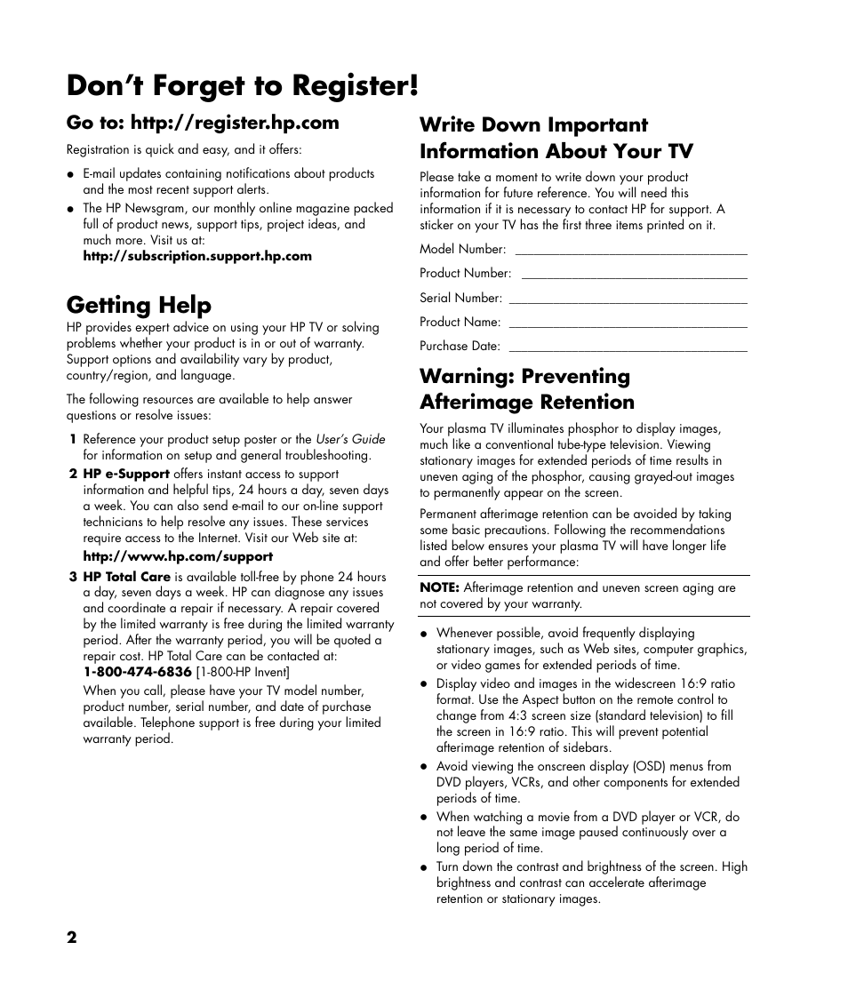 Don’t forget to register, Getting help, Write down important information about your tv | Warning: preventing afterimage retention | HP Pavilion Plasma High-definition Television PL4200N User Manual | Page 2 / 22