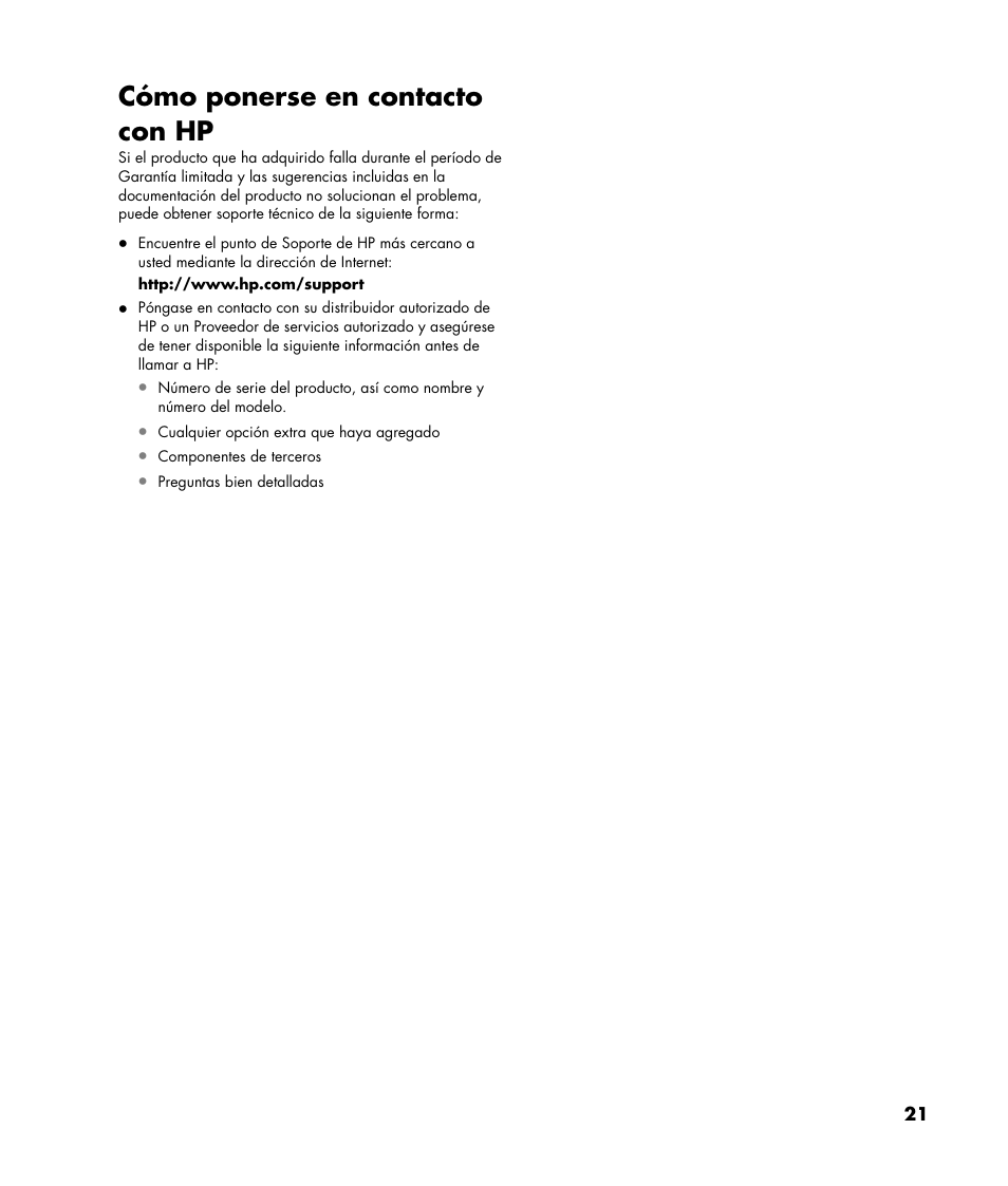 Cómo ponerse en contacto con hp | HP Pavilion Plasma High-definition Television PL4200N User Manual | Page 21 / 22