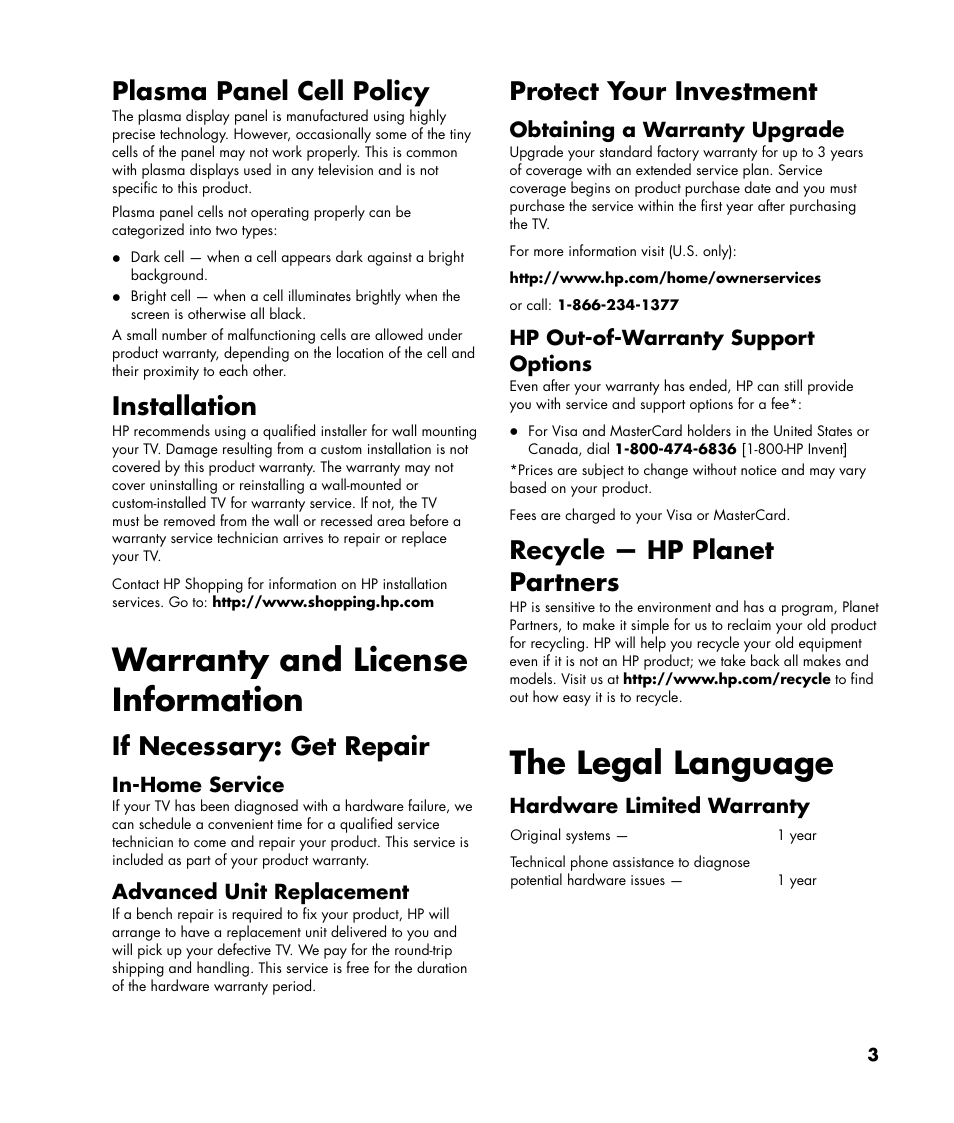 Warranty and license information, The legal language, Plasma panel cell policy | Installation, If necessary: get repair, Protect your investment, Recycle — hp planet partners | HP Pavilion Plasma High-definition Television PL4200N User Manual | Page 3 / 22