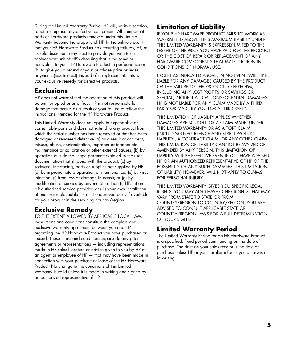 Exclusions, Exclusive remedy, Limitation of liability | Limited warranty period | HP Pavilion Plasma High-definition Television PL4200N User Manual | Page 5 / 22