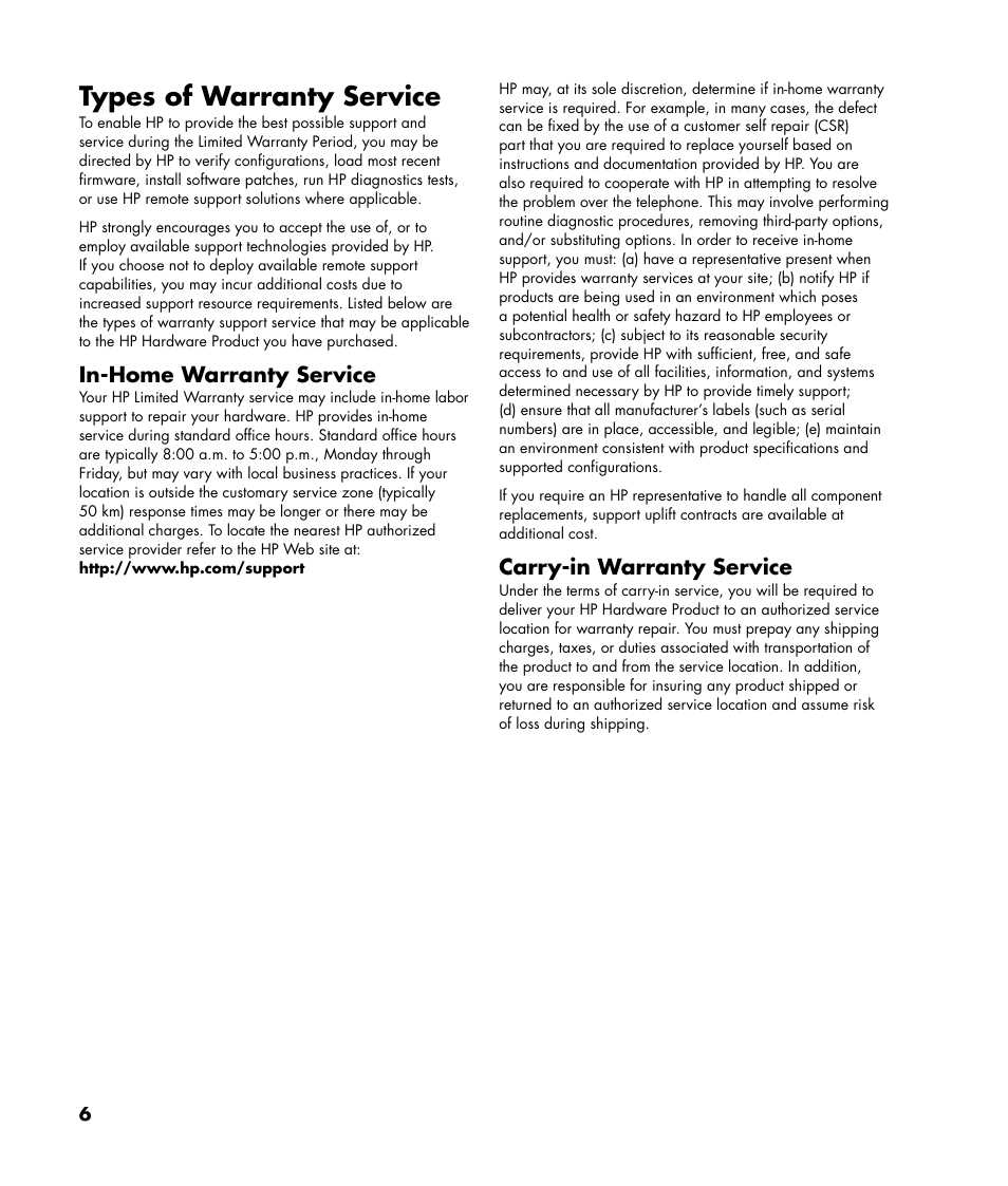 Types of warranty service, In-home warranty service, Carry-in warranty service | HP Pavilion Plasma High-definition Television PL4200N User Manual | Page 6 / 22