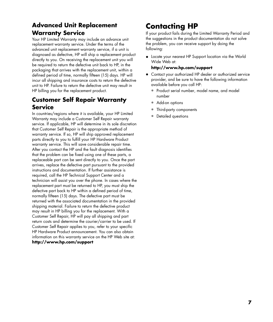 Contacting hp, Advanced unit replacement warranty service, Customer self repair warranty service | HP Pavilion Plasma High-definition Television PL4200N User Manual | Page 7 / 22